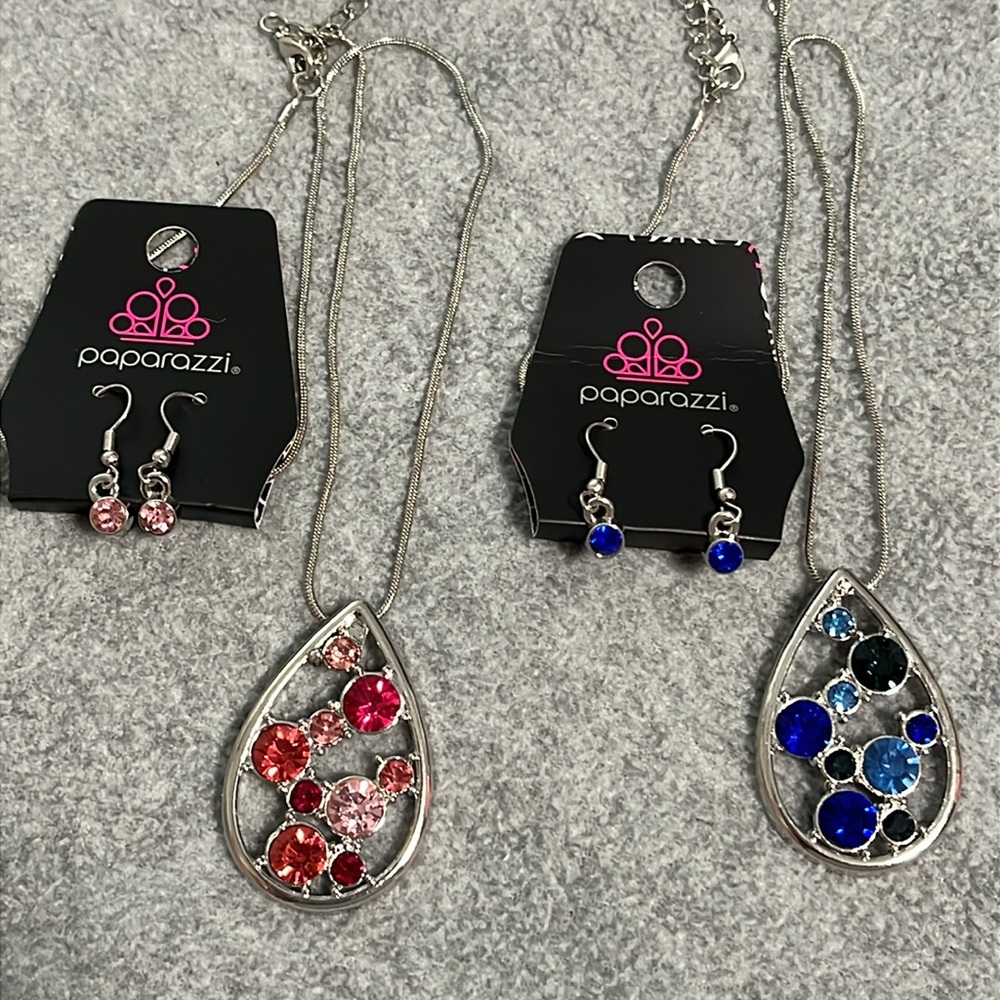 Costume Jewelry Necklace Pierced Earring Set Bundle Lot Teardrop Gems Silvertone